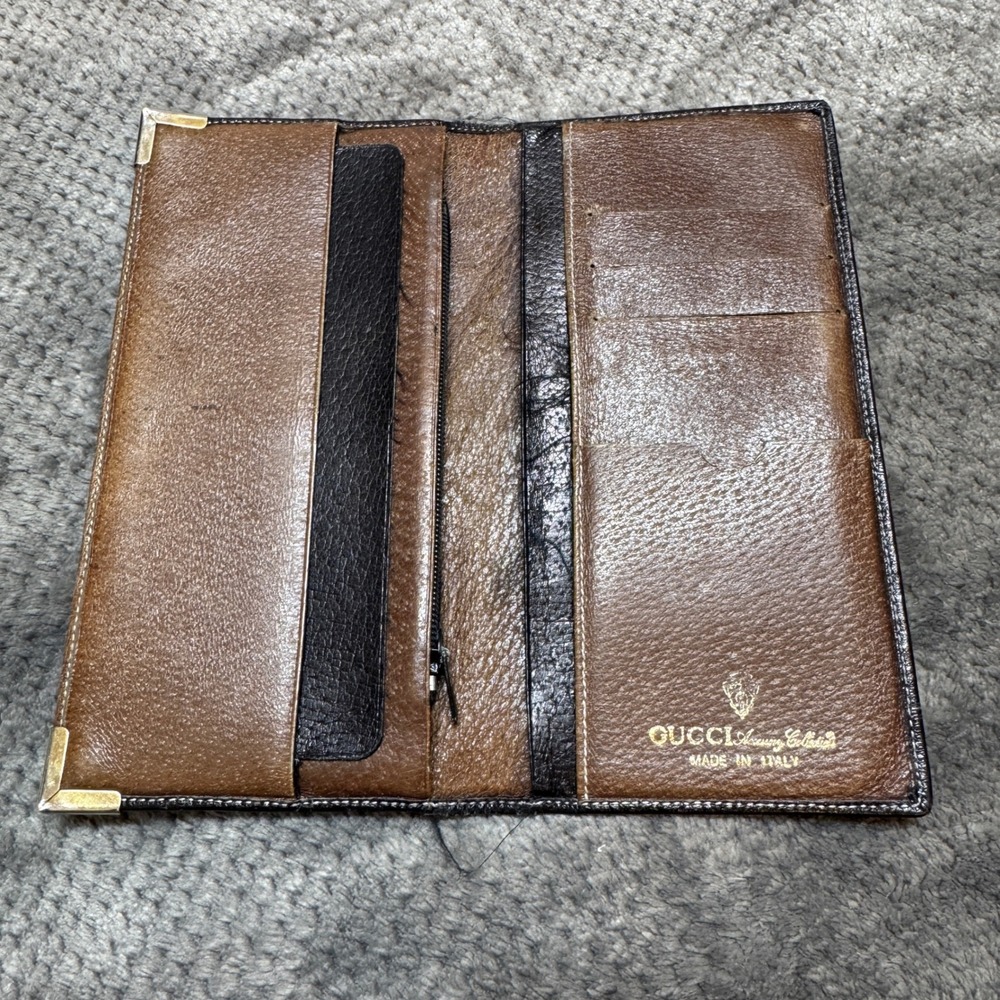 Vintage Gucci Accessory Collection Leather Long Wallet Brown Black Bifold - Picture 3 of 15